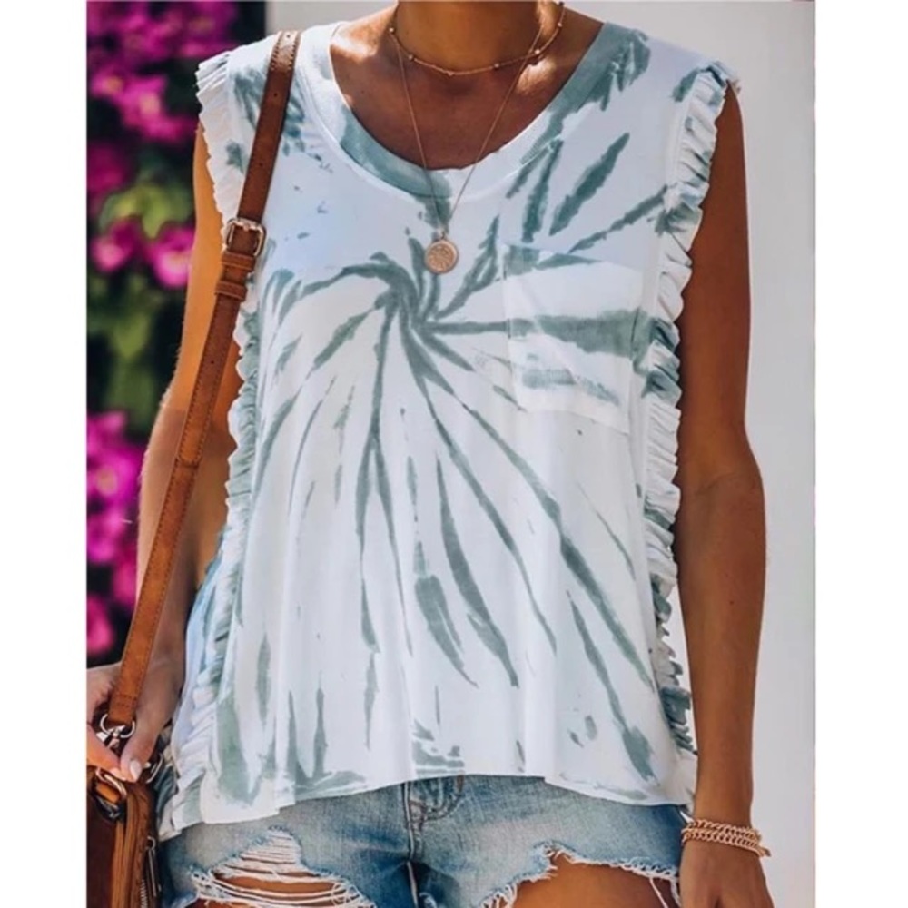 Vici Blue and White Tie Dye Ruffle Tie Back Sleeve Tank Top Small